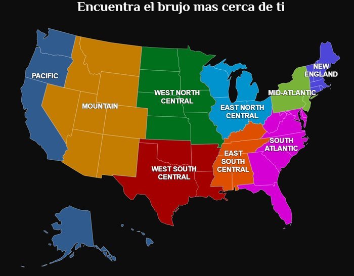 Mapa de regiones de Estados Unidos, toca tu región para escribir por WhatsApp